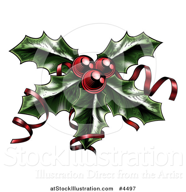 Vector Illustration of a Sprig of Christmas Holly with Red Berries and Curly Ribbons