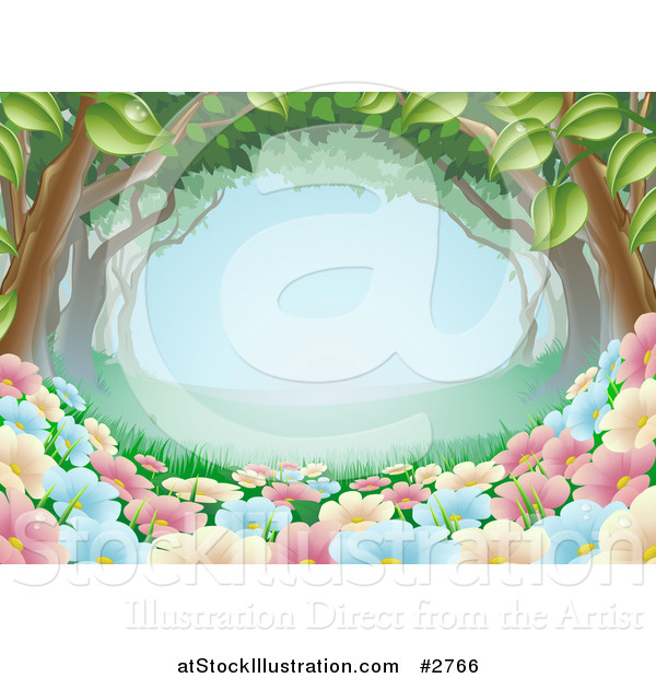 Vector Illustration of a Spring Time Wildlflowers Growing Under a Canopy of Trees