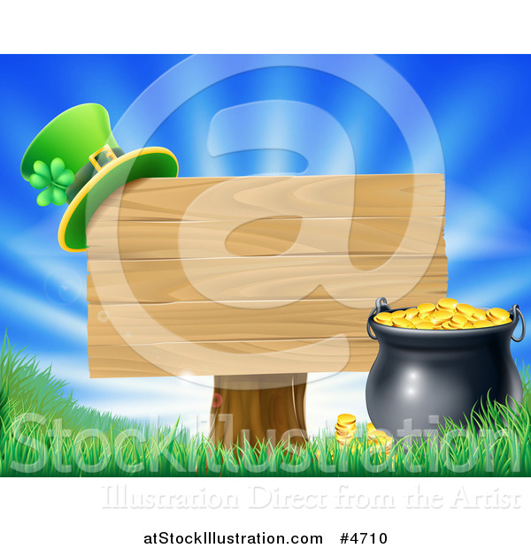 Vector Illustration of a St Patricks Day Leprechaun Hat on a Wooden Sign over Sunshine