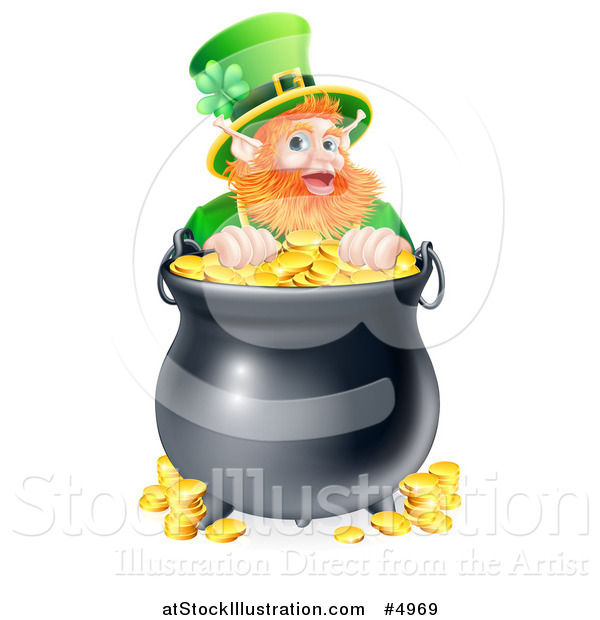 Vector Illustration of a St Patricks Day Leprechaun Looking over a Pot of Gold Coins