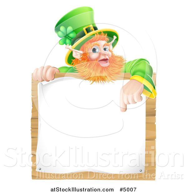 Vector Illustration of a St Patricks Day Leprechaun Pointing down to a Notice on a Wooden Sign