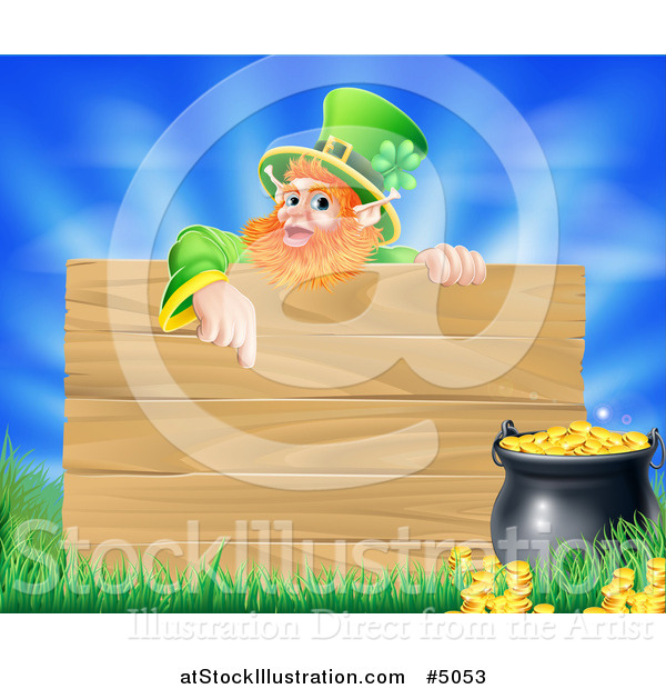 Vector Illustration of a St Patricks Day Leprechaun Pointing down to a Wooden Sign over a Pot of Gold, Grass and Sky