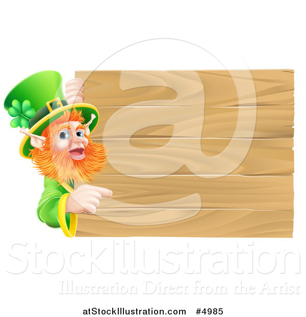 Vector Illustration of a St Patricks Day Leprechaun Pointing to a Wooden Sign