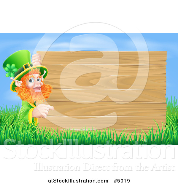 Vector Illustration of a St Patricks Day Leprechaun Pointing to a Wooden Sign over Grass and Sky