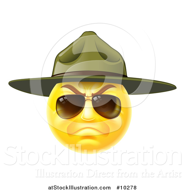 Vector Illustration of a Stern Emoji Smiley Face Emoticon Face Army Drill Sergeant Wearing Sunglasses and a Hat