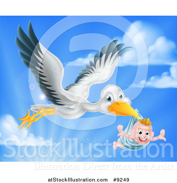Vector Illustration of a Stork Bird Flying a Happy Baby Boy Holding His Arms out in a Blue Bundle Against Sky