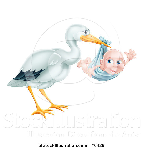 Vector Illustration of a Stork Bird Holding a Happy Baby Boy in a Blue Bundle