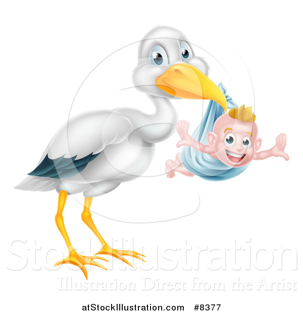 Vector Illustration of a Stork Bird Holding a Happy Baby Boy in a Blue Bundle
