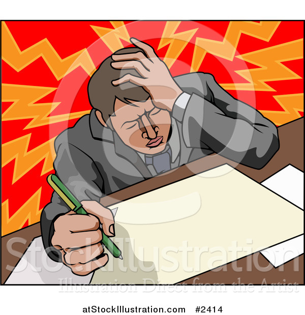 Vector Illustration of a Stressed Businessman with a Headache Working on Documents