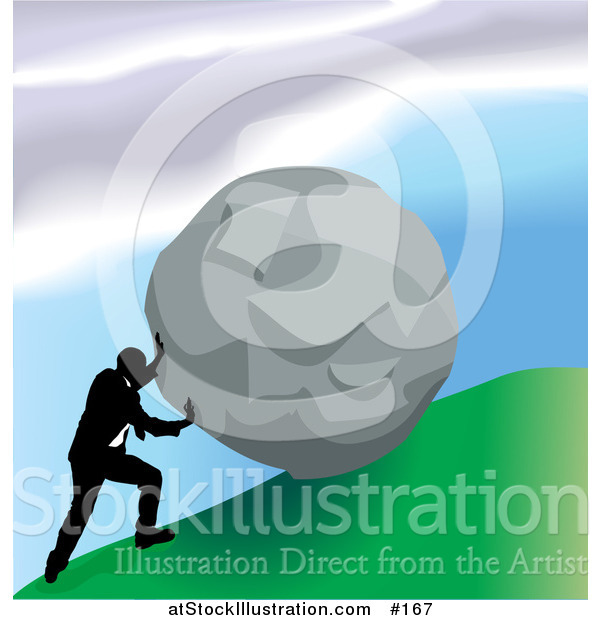 Vector Illustration of a Strong Business Man Pushing a Boulder up a Hill