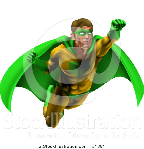 Vector Illustration of a Strong Male Super Hero Flying in a Green and Yellow Suit