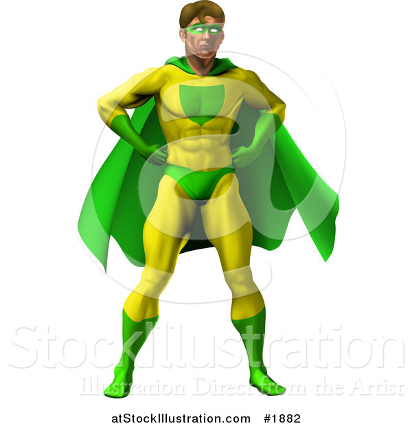 Vector Illustration of a Strong Male Super Hero Standing in a Green and Yellow Suit