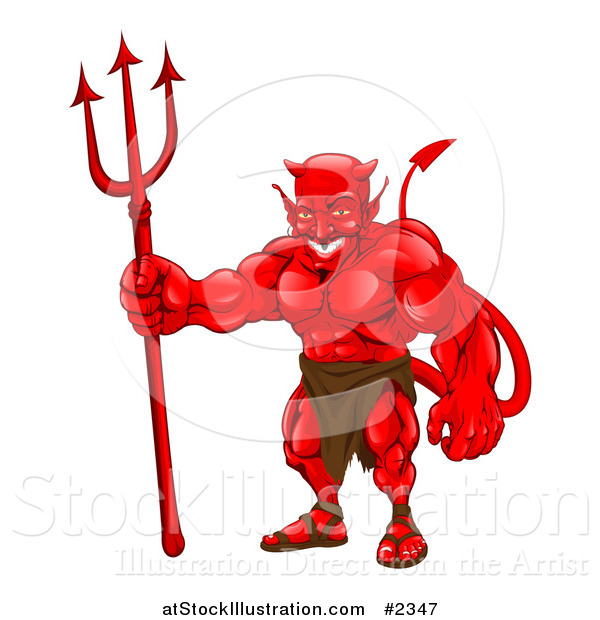 Vector Illustration of a Strong Red Devil Standing with a Pitchfork