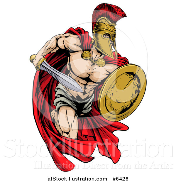 Vector Illustration of a Strong Spartan Trojan Warrior Mascot Running with a Sword and Shield