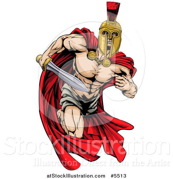 Vector Illustration of a Strong Spartan Trojan Warrior Mascot Running with a Sword