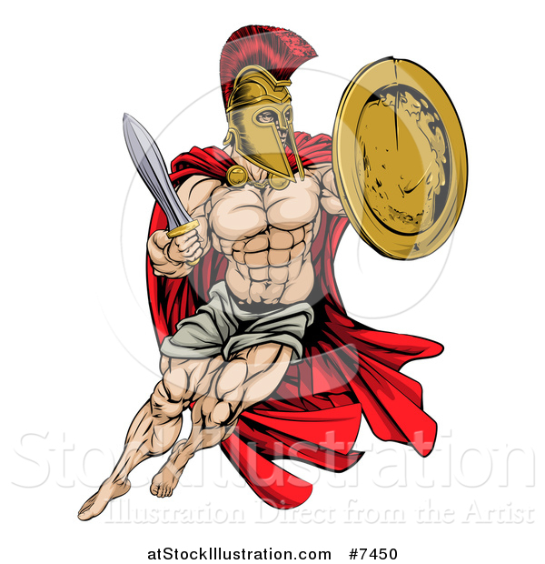 Vector Illustration of a Strong Spartan Trojan Warrior Mascot Wearing a Cape, Jumping with a Sword and Shield