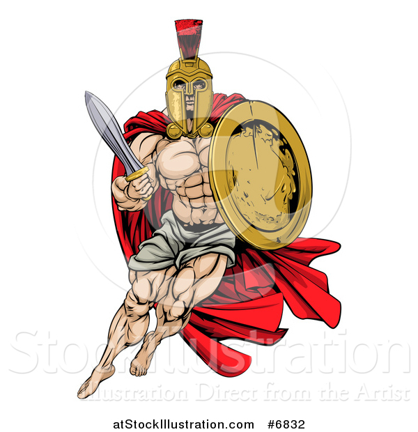 Vector Illustration of a Strong Spartan Trojan Warrior Mascot with a Cape, Running with a Sword and Shield