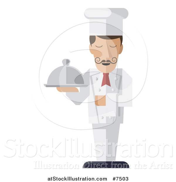 Vector Illustration of a Stylized Male Chef with a Curling Mustache, Standing with a Napkin Draped over His Arm and a Cloche Platter in Hand