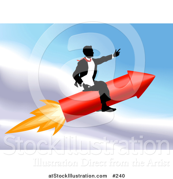 Vector Illustration of a Successful Businessman Riding a Rocket Through the Sky