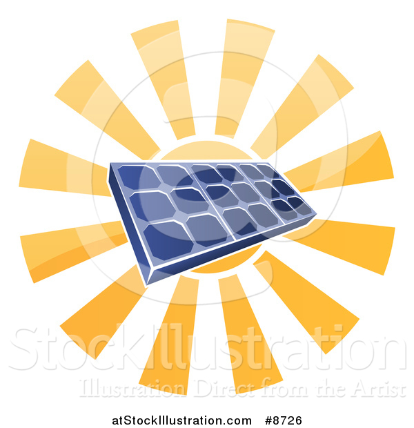 Vector Illustration of a Sun Shining Behind a Blue Solar Panel Photovoltaics Cell