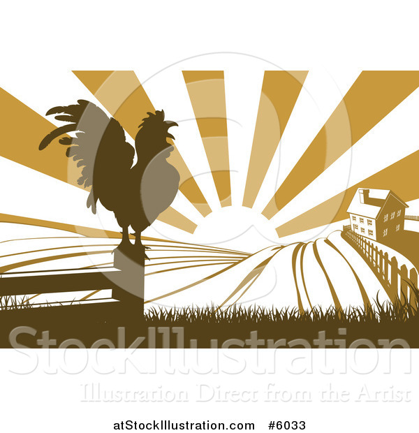 Vector Illustration of a Sunrise over a Brown Farm House with a Crowing Rooster and Fields