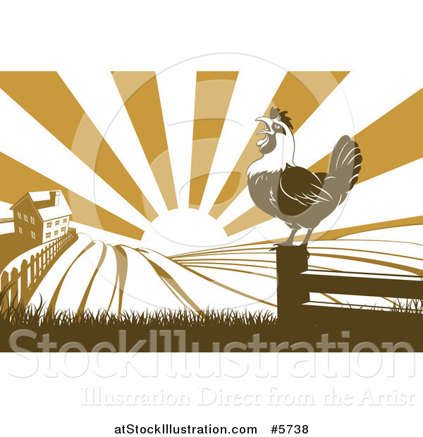 Vector Illustration of a Sunrise over a Brown Silhouetted Farm House with a Crowing Rooster and Fields