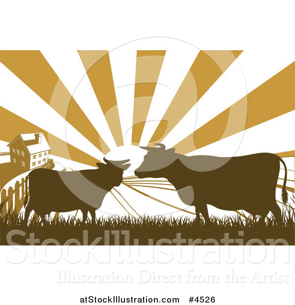 Vector Illustration of a Sunrise over a Brown Silhouetted Farm House with Cows and Fields