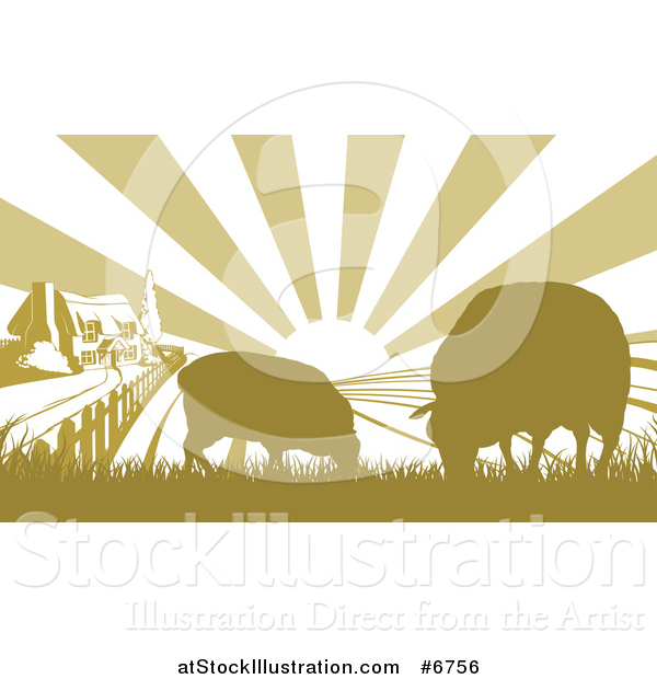 Vector Illustration of a Sunrise over a Cottage Farm House with Two Sheep and Fields