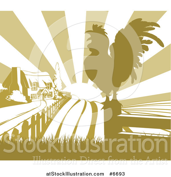Vector Illustration of a Sunrise over a Green Farm House, a Silhouetted Crowing Rooster and Fields