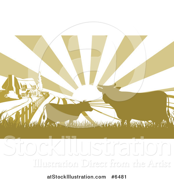 Vector Illustration of a Sunrise over a Green Silhouetted Farm House with Cows and Fields