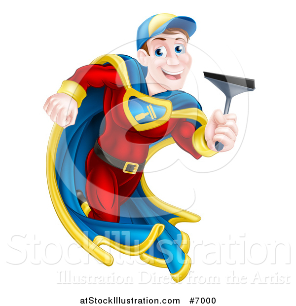 Vector Illustration of a Super Hero Brunette White Male Window Cleaner Running with a Squeegee
