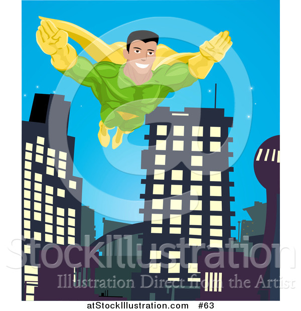 Vector Illustration of a Super Hero Man to the Rescue, Flying Through a City