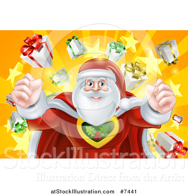 Vector Illustration of a Super Hero Santa Claus Flexing His Muscles in a Christmas Suit over a Star Burst with Gifts