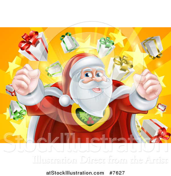 Vector Illustration of a Super Hero Santa Claus Flexing over a Star Burst with Gifts