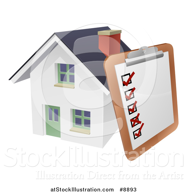 Vector Illustration of a Survey or Check List on a Clip Board Against a 3d White Home