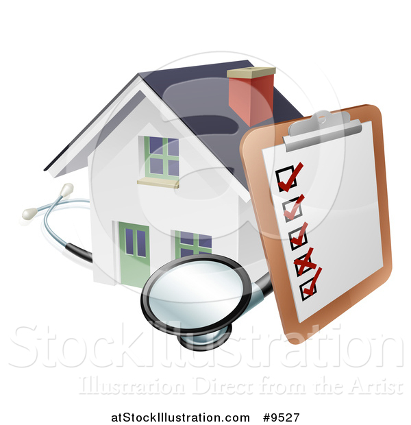 Vector Illustration of a Survey or Check List on a Clip Board and Stethoscope Against a 3d White Home