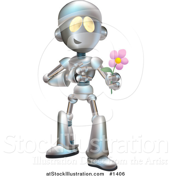 Vector Illustration of a Sweet Metallic Robot Character Giving a Pink Flower to His Love