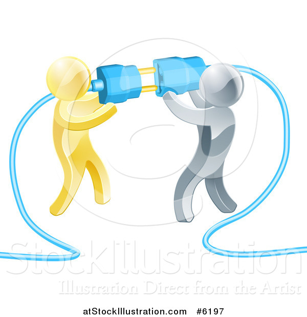 Vector Illustration of a Team of 3d Gold and Silver Men Connecting Electrical Plugs