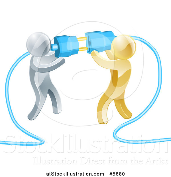 Vector Illustration of a Team of 3d Silver and Gold Men Connecting Electrical Plugs