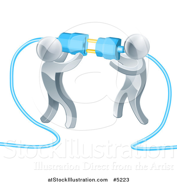 Vector Illustration of a Team of 3d Silver Men Connecting Electrical Plugs