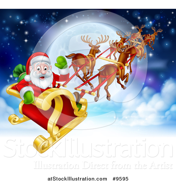 Vector Illustration of a Team of Magic Christmas Reindeer Flying Santa in a Sleigh Above the Clouds Against a Full Moon