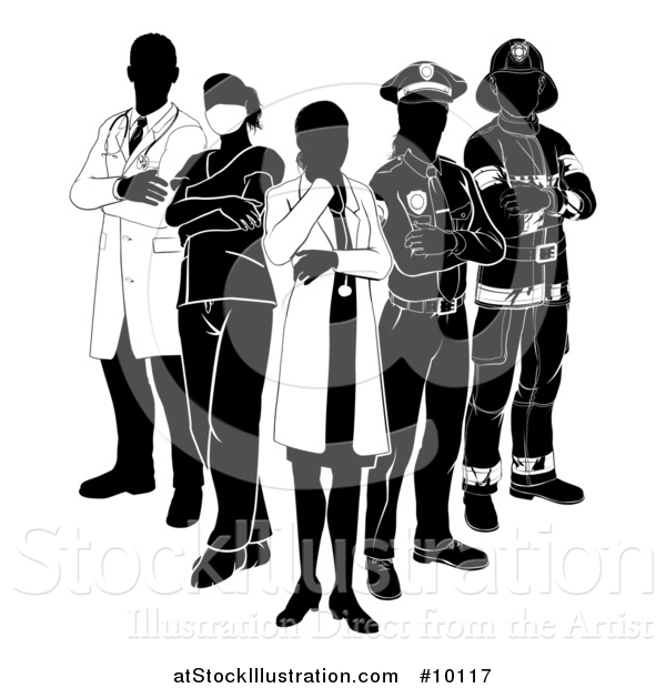 Vector Illustration of a Team of Silhouetted Emergency and Rescue Workers