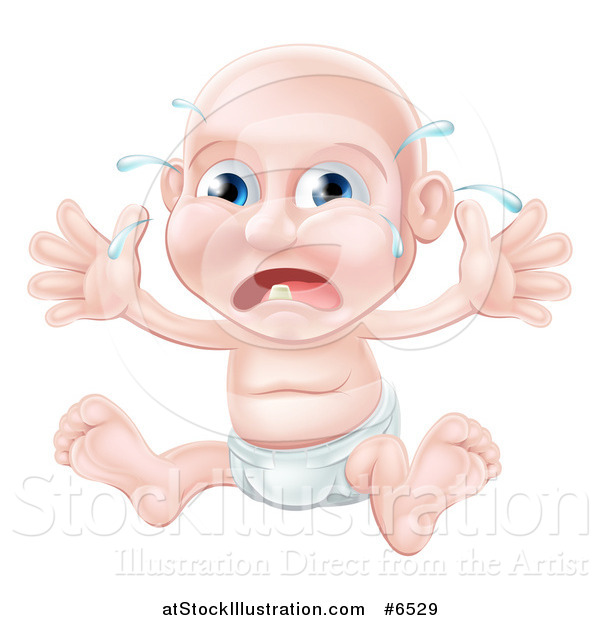 Vector Illustration of a Teething Blue Eyed Caucasian Baby Boy Sitting in a Diaper and Crying