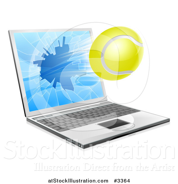 Vector Illustration of a Tennis Ball Flying Through and Shattering a 3d Laptop Screen