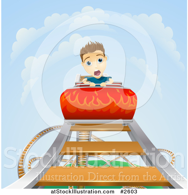 Vector Illustration of a Terrified Boy Screaming on a Roller Coaster As It Heads down
