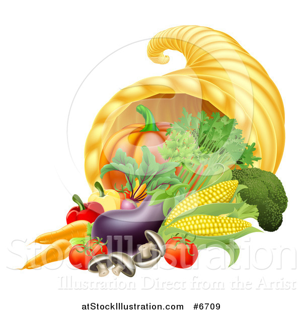 Vector Illustration of a Thanksgiving Fall Cornucopia Horn of Plenty with Produce