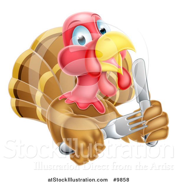 Vector Illustration of a Thanksgiving Turkey Bird Holding Silverware