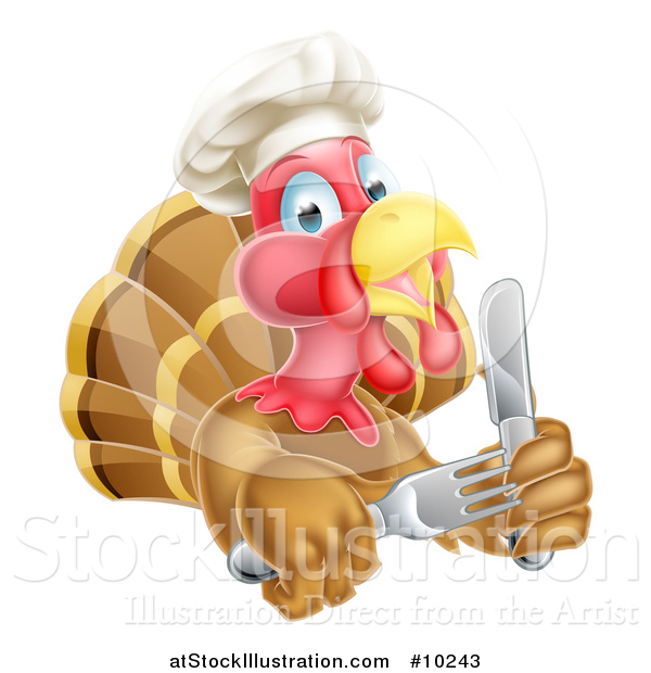 Vector Illustration of a Thanksgiving Turkey Bird Wearing a Chef Hat and Holding Silverware, Upper Body Only