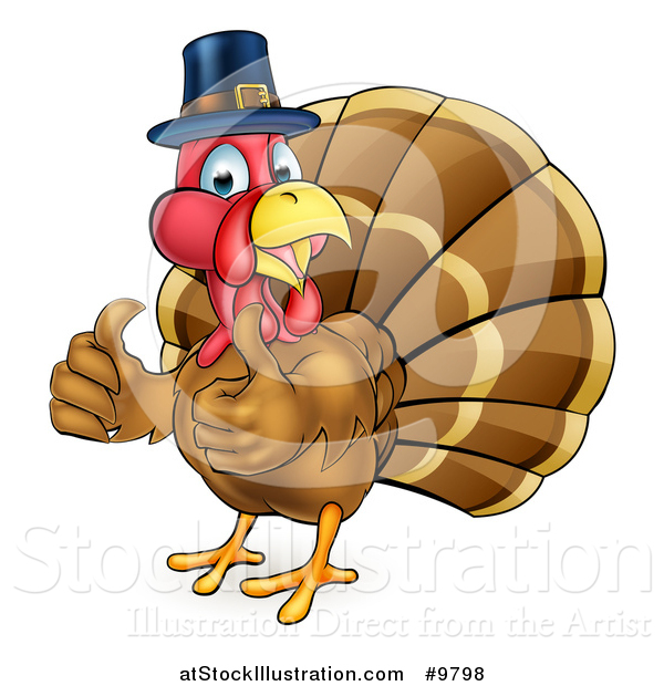 Vector Illustration of a Thanksgiving Turkey Bird Wearing a Pilgrim Hat and Giving Two Thumbs up