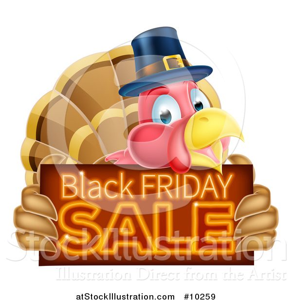 Vector Illustration of a Thanksgiving Turkey Bird Wearing a Pilgrim Hat and Holding a Black Friday Sale Sign